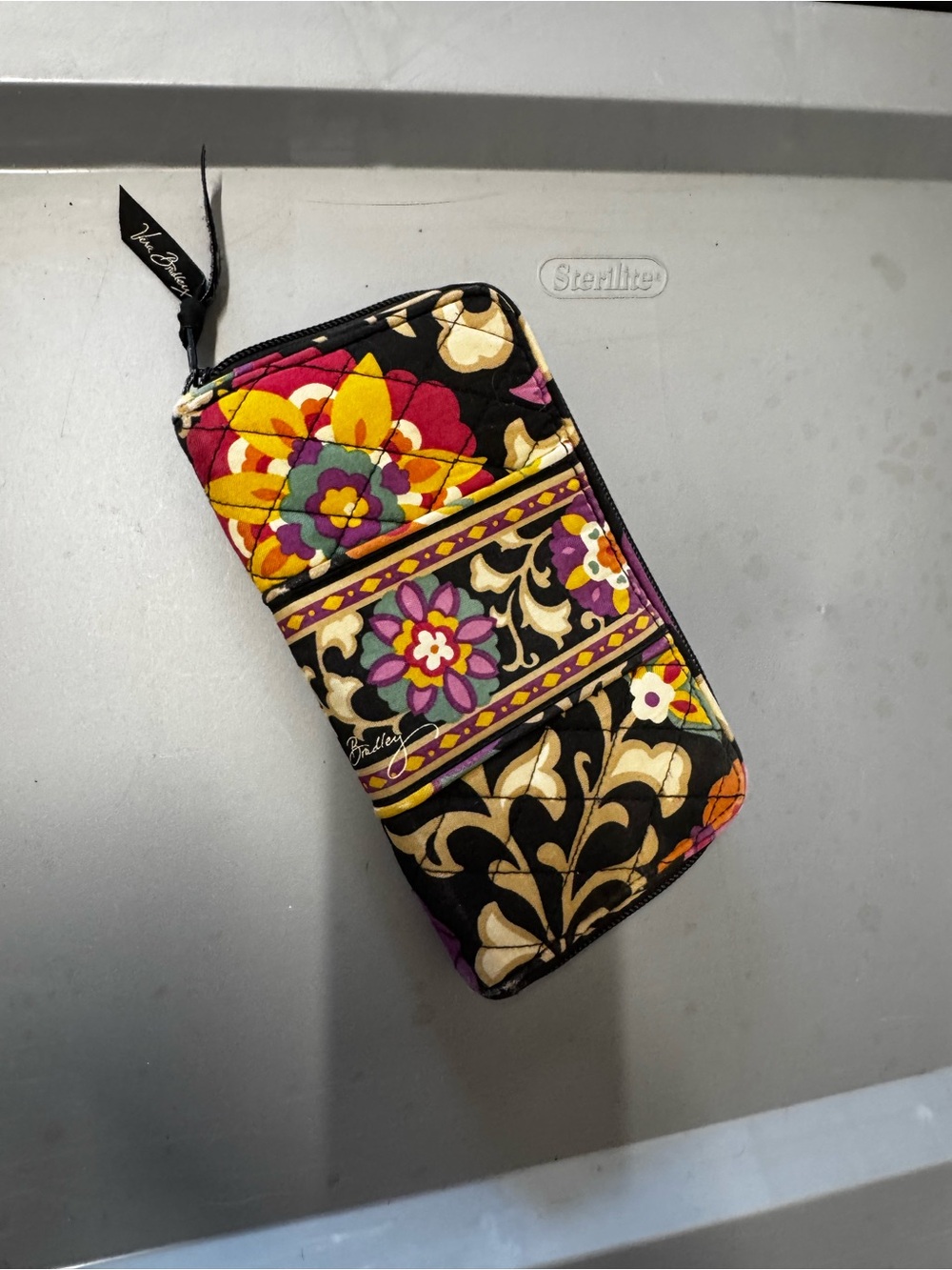 Vera Bradley Black Floral Quilted Zip Wallet with Yellow, Pink & Purple Accents